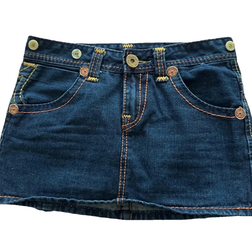 True Religion Blue Denim Skirt with Yellow Stitching